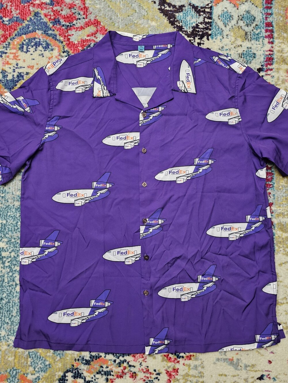 FedEx Hawaiian AOP Aviation Logistics Plane Shirt Mens XL Button Up Purple